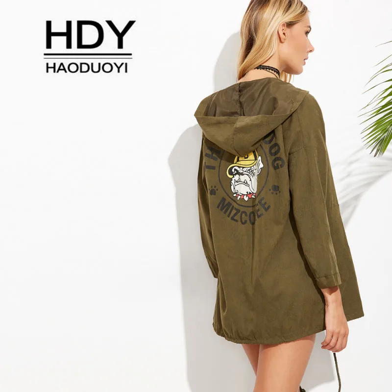 

HaoDuoYi 2020 Fashion Simple Jacket Women Army Green Dog Print Drawstring Hem Hooded Coat New Autumn Windbreaker Outerwear