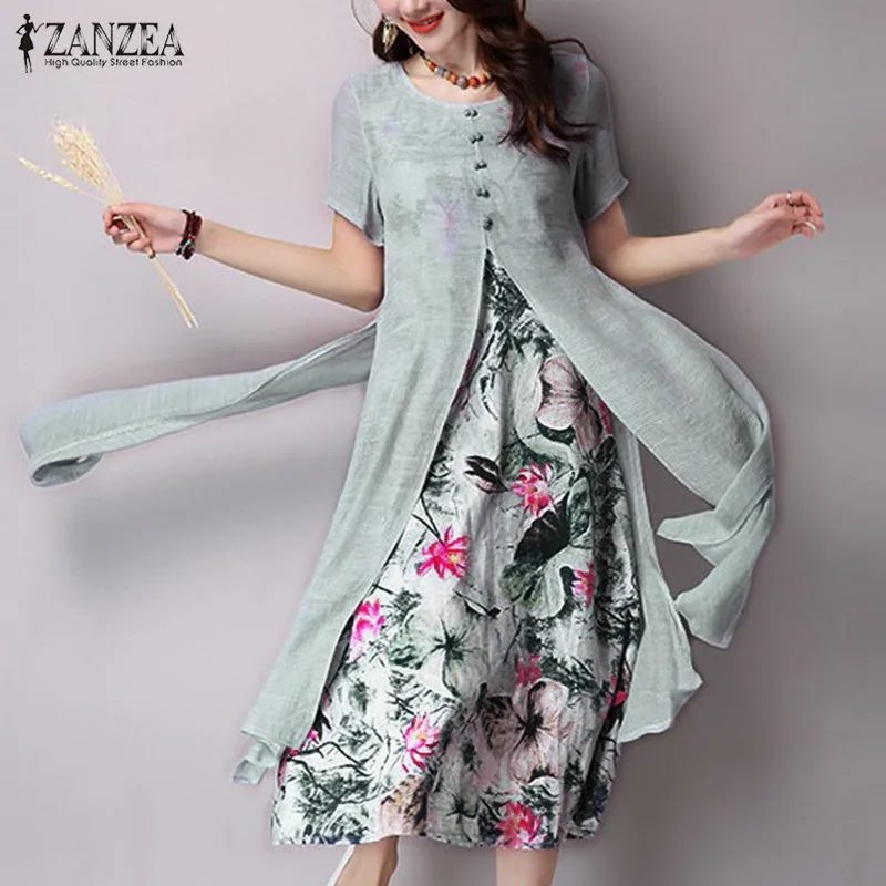 Женское платье с о вырезом ZANZEA длинное Повседневное коротким рукавом и