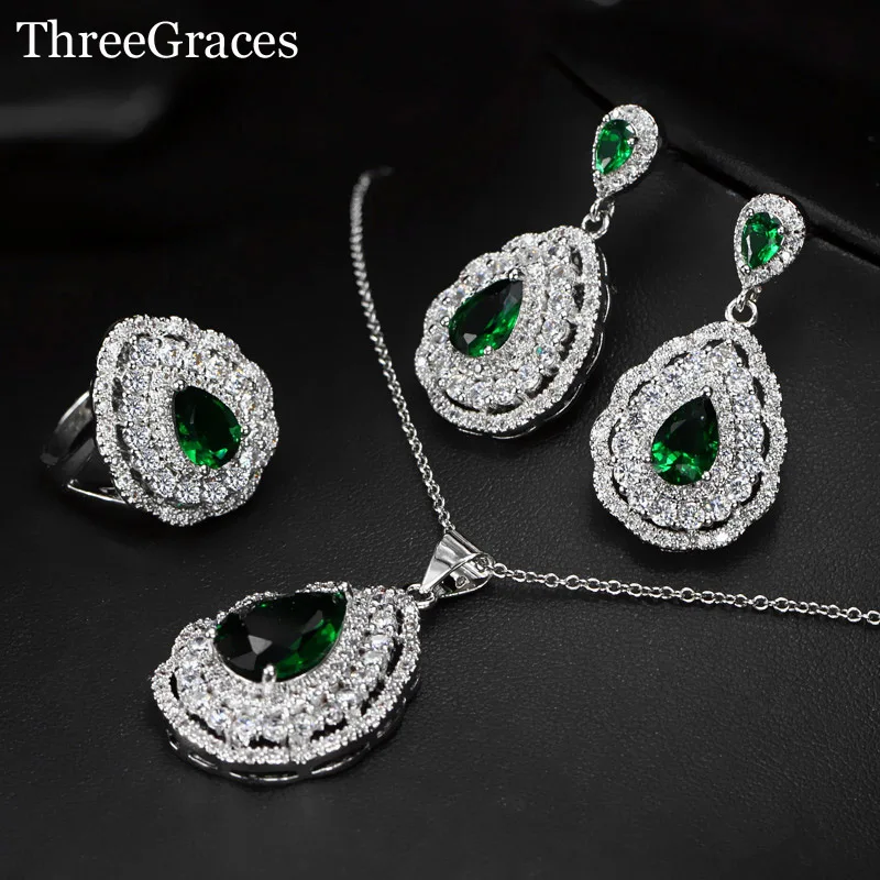 ThreeGraces Зеленый Кристалл 925 пробы серебро большой серьги капля, мода Для женщин CZ серьги Цепочки и ожерелья комплект ювелирных изделий JS211 - Окраска металла: Green