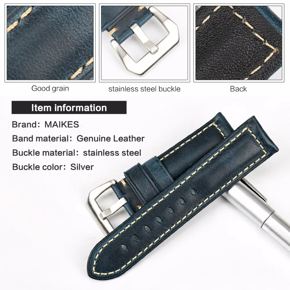 MAIKES Watch Accessories Oil Wax Leather Watch Strap 20mm 22mm 24mm 26mm Watchbands Vintage Blue Watch Band Bracelet For Panerai