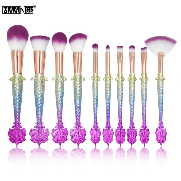 10PCS Colorful 10 шт. прекрасные кисти для макияжа русалки набор рыбий хвост основа порошок контур теней для век Смешивание Косметические кисти профессиональные кисти для макияжа - Handle Color: 10PCS Colorful