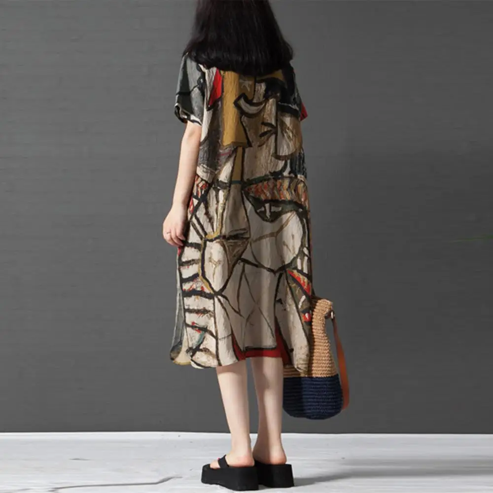 Платье женское длинное из хлопка и льна с принтом коротким рукавом | Женская