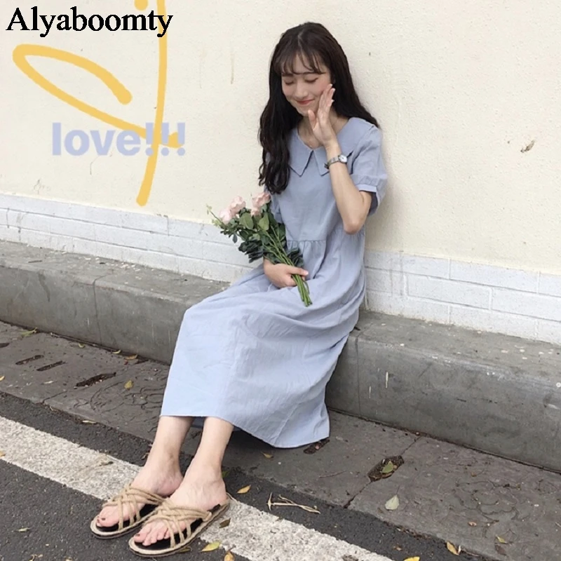 Mori Girl летнее женское платье миди с воротником Питер Пэн повседневное Розовое