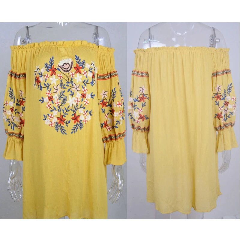 Женское винтажное платье с цветочной вышивкой Пляжное длинным рукавом и вырезом