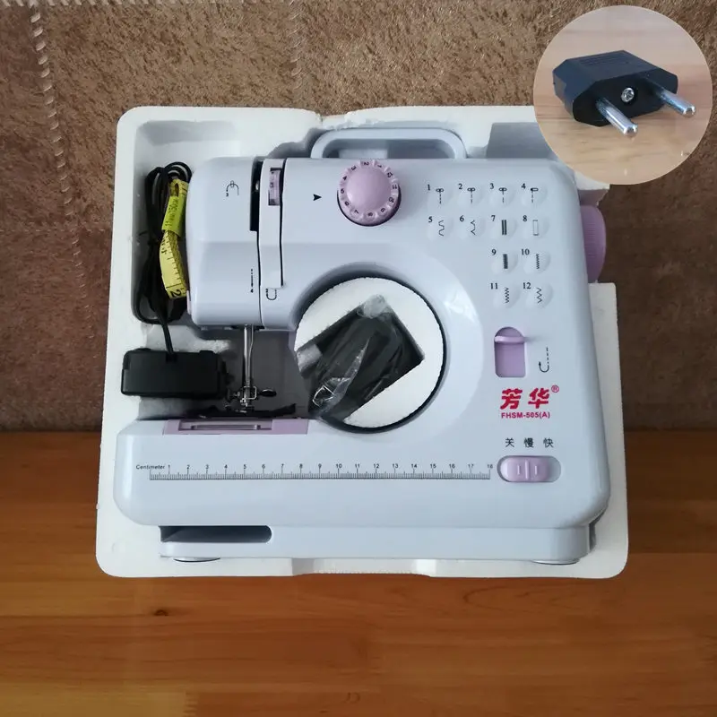 EU plug Fanghua брендовая мини швейная машина 505A Заводская Подлинная многофункциональная 12 стежков сменная прижимная лапка источник питания светодиодный светильник - Цвет: EU plug
