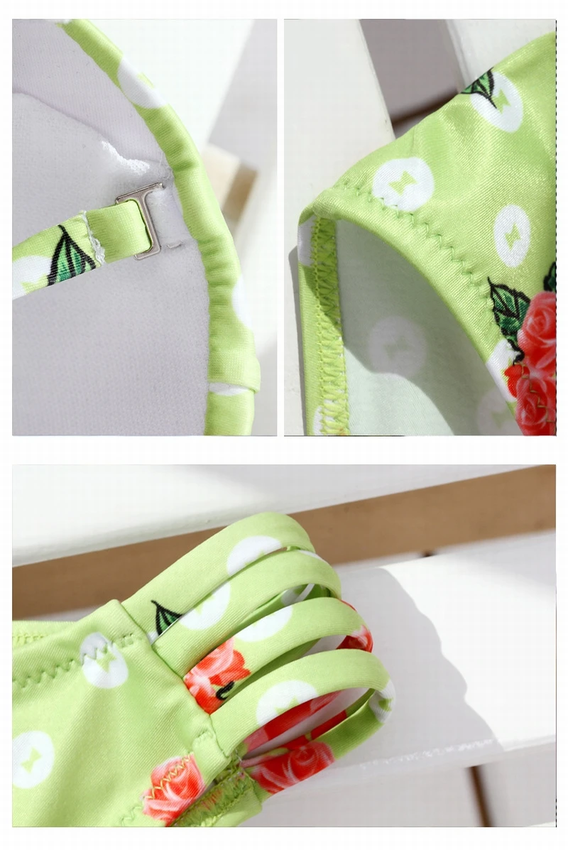 Rose Flower Printed Green Swimwear Set Brazilian Bathing Suit Push Up Swimwears Women Swimsuit Female Bikini Biquinis |