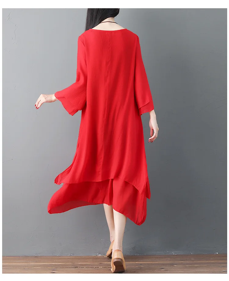 Хлопковое и льняное платье женское элегантное с длинными рукавами свободное