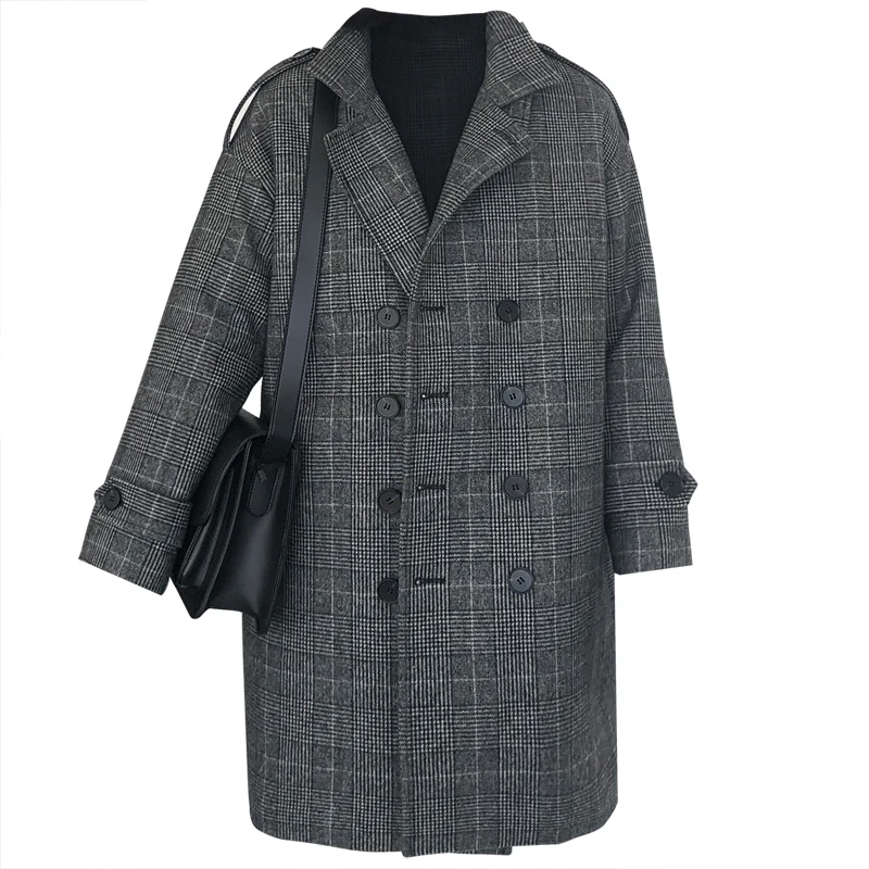 

Women's Wool Coat Medium Long Woolen Coat Single Blends Plaid warm Thickening Female Lattice Wool Coat Temperament girl casaco