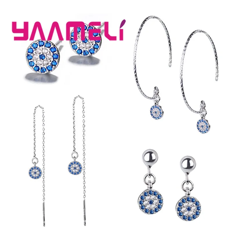 Круглые сережки с голубым и белым CZ камнем сглаза микро проложить серебро 925