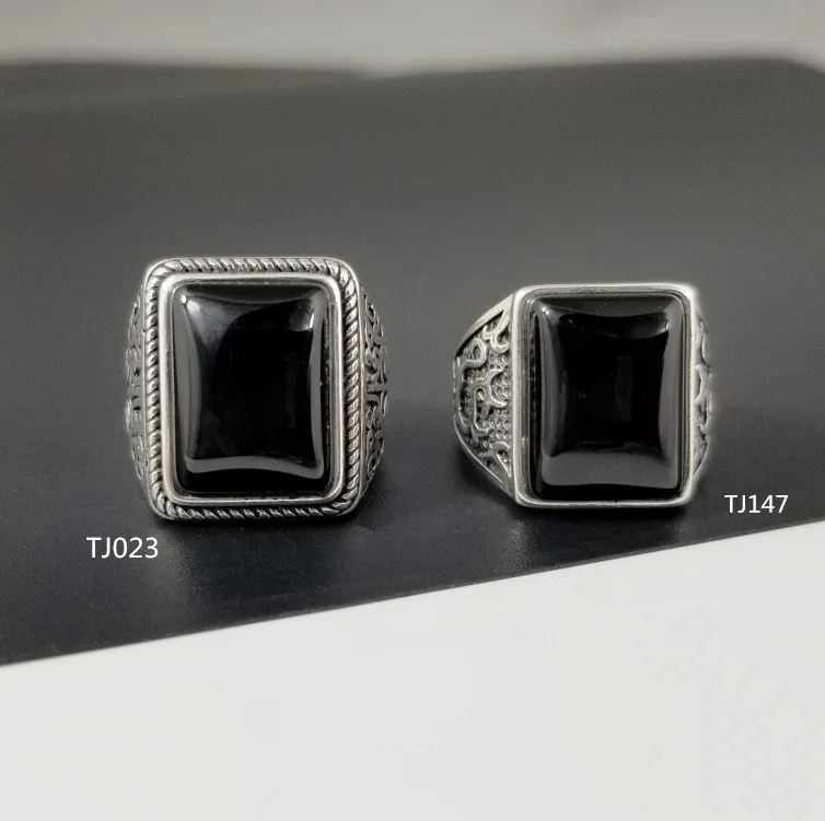 Black Onyx Ring in Sterling Silver 925 charm men Ring Real Men's Ring Natural Stone Retro Cool Fashion Silver charm ring