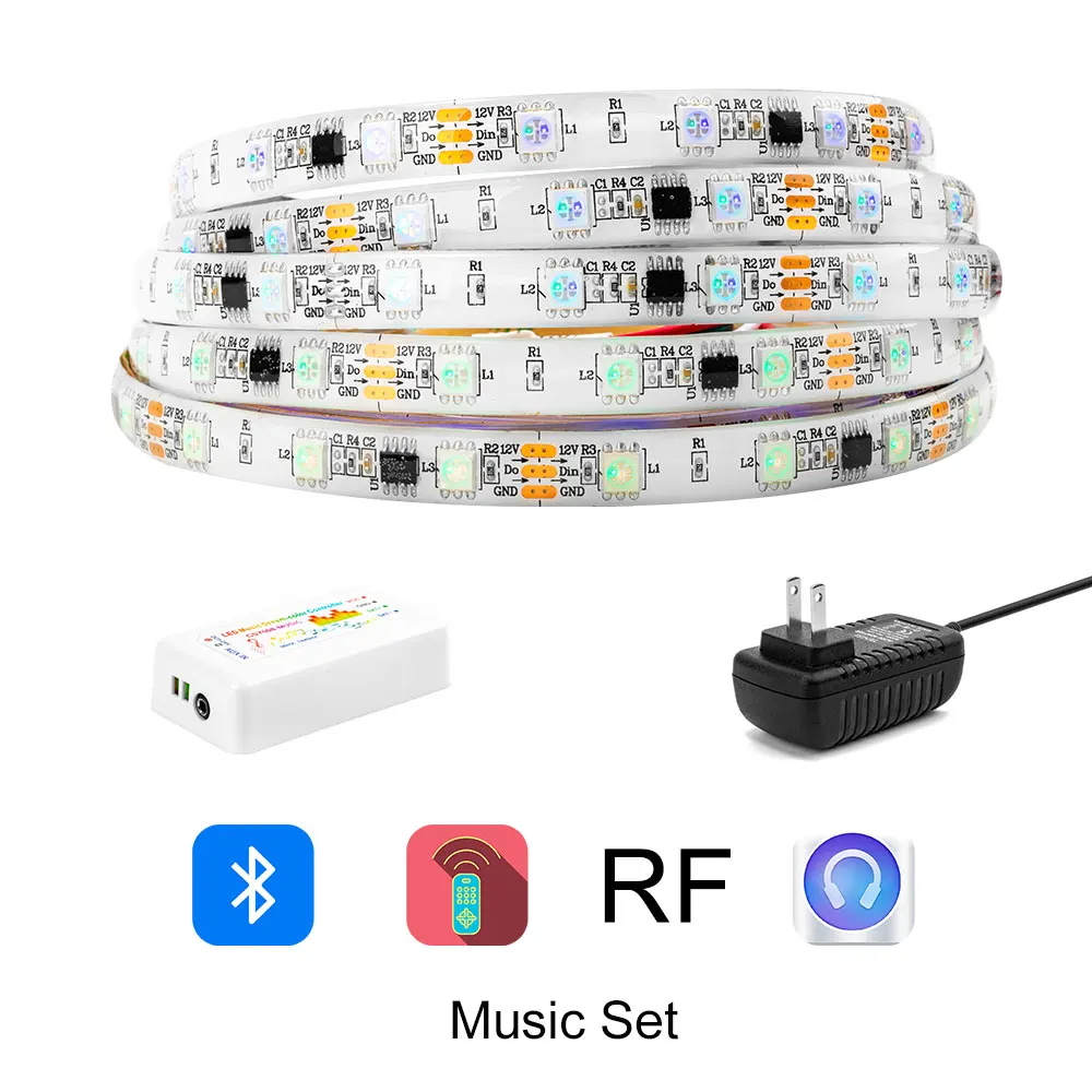 White Music Set DreamColor набор светодиодных лент 5 м SMD 5050 RGB набор встроенных IC DC12V 150 Светодиодная лента с RF/APP светодиодный контроллер Синхронизация с музыкой IP65 - Испускаемый цвет: White Music Set