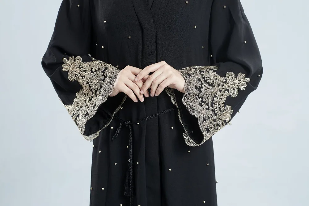 Женское длинное платье кимоно элегантное с вышивкой и бисером абайя кружевной