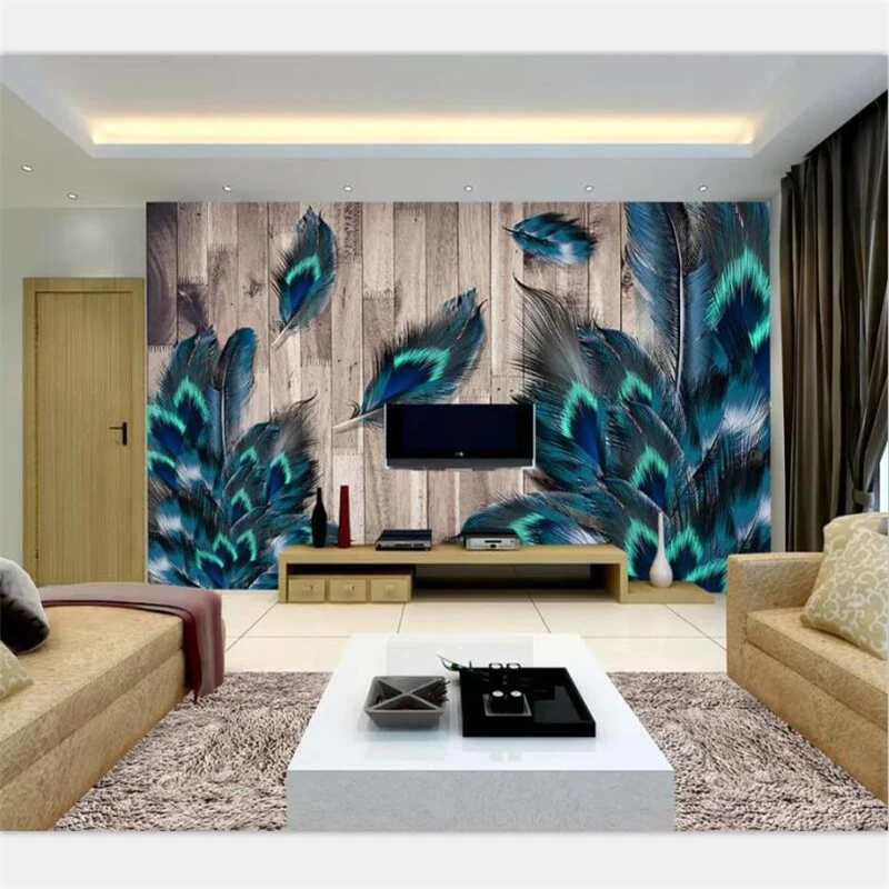 

beibehang 3d wallpaper mural custom peacock feather nostalgic classical wooden floor living room wall background decoration