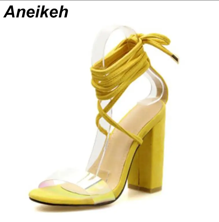 Aneikeh/женские туфли-лодочки; прозрачные босоножки на высоком каблуке из ПВХ; Летняя обувь на платформе с квадратным каблуком; женские пикантные босоножки на шнуровке; Размеры 35-40 - Цвет: yellow