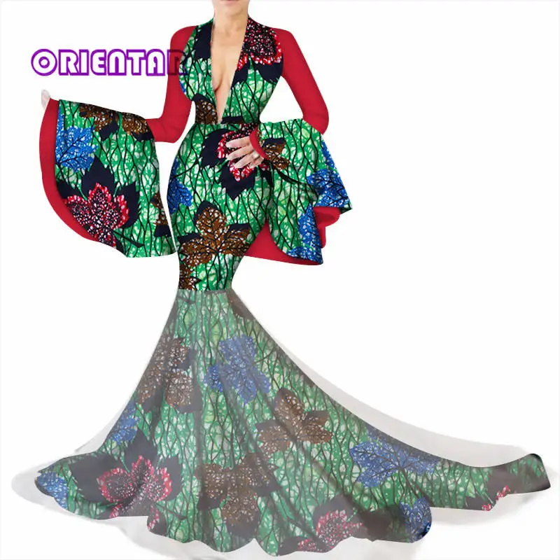 Flare Sleeve African Dresses for Women Bazin Riche Sexy Deep V-neck Long Wedding Party Dress Traditional African Clothing WY3449