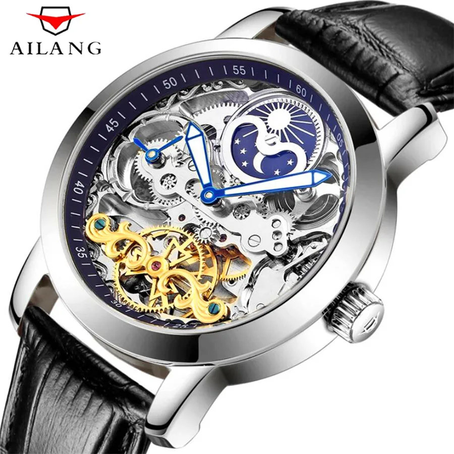 AILANG Skeleton Tourbillon модные повседневные дизайнерские механические мужские часы Топ бренд класса люкс автоматические часы мужские часы - Цвет: Genuine Leather 5