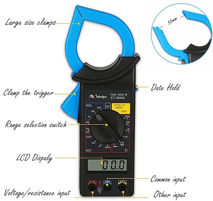Цифровой мультиметр-зажим MINIPA ET-3200A, мультиметр, клещи ACA/1000A