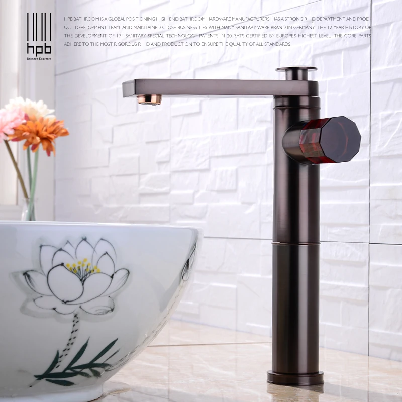 

HPB Retro Brass Bathroom Basin Tall Faucet Oil Rubber Bronze Sink Mixer Exquisite Agate Handle Degisn 360 Degree Rotation H3101
