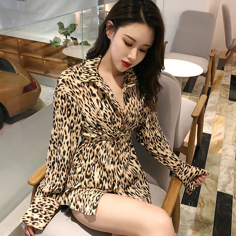 

New England and American spring super fashion middle long section sexy leopard print long-sleeved blouses for women
