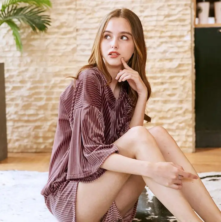 coral Лето Осень женский костюм-двойка тонкий велюровый пижамный комплект шорты с коротким рукавом пижамный комплект с круглым вырезом модная свободная Пижама - Цвет: coral