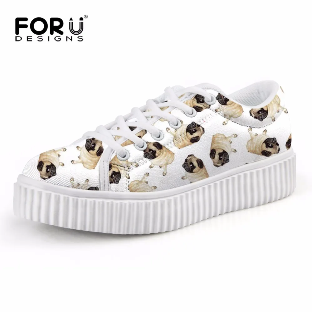 

FORUDESIGNS Pug Dog Printed Cute Flats Shoes for Women Height Increasing Creepers Shoes Woman Spring Female Casual Platform Shoe