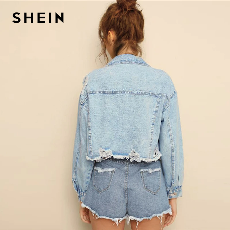 SHEIN Синие рваные потертые кромки хлопья укороченные джинсы куртка женская весна осень однобортный Повседневный износоустойчивые кардиганы куртки