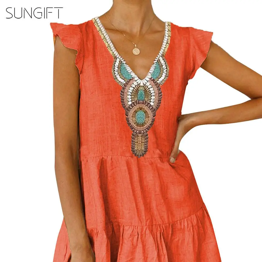 Женское платье в африканском стиле SUNGIFT Dashiki мини с оборками и v образным вырезом