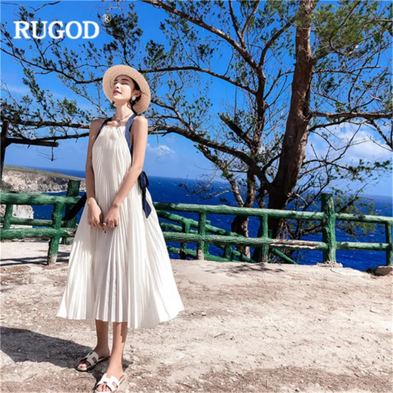 Женское плиссированное платье RUGOD белое повседневное пляжное средней длины с