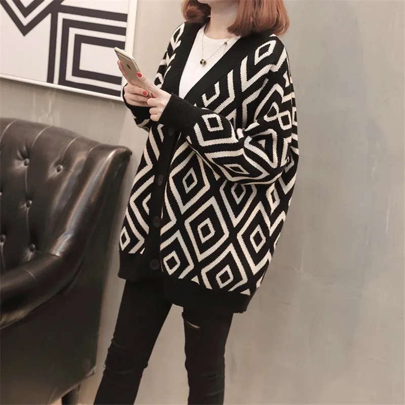 2019 Spring New Women Knitted Cardigan Casual Fashion Sweater Loose Diamond Lattice Knitwear Autumn Elegant Coat Lj334 |