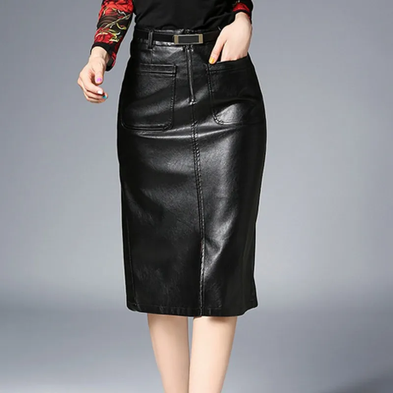 S~2XL Saias 2018 Bodycon Split Womens Leather Pencil Skirt Sexy Slim High Waisted Skirts Elegant Exquisite Ladies | Женская одежда