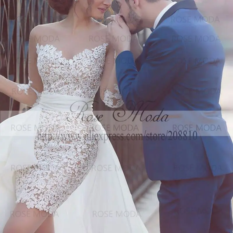 Розовое свадебное платье короткое Кружевное Свадебное с длинными рукавами и