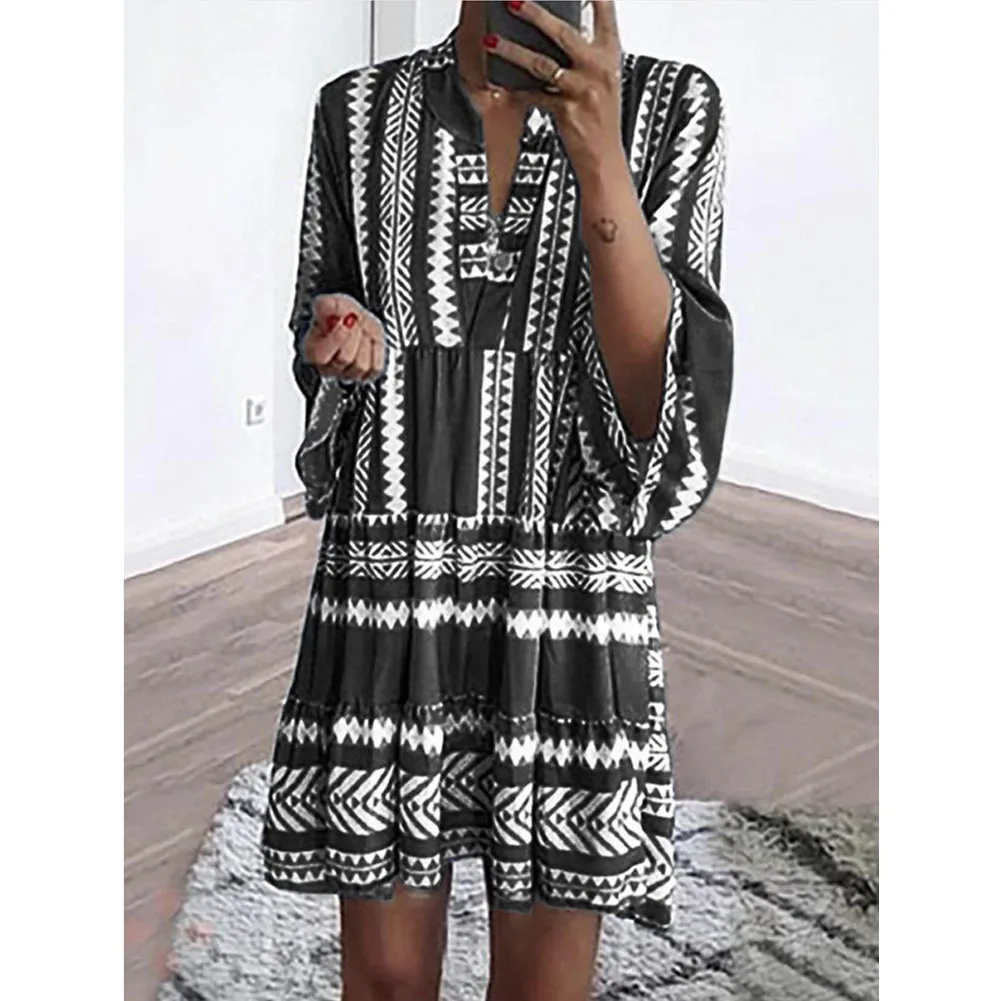 Женское платье в стиле бохо Летнее мини-платье с коротким рукавом и принтом