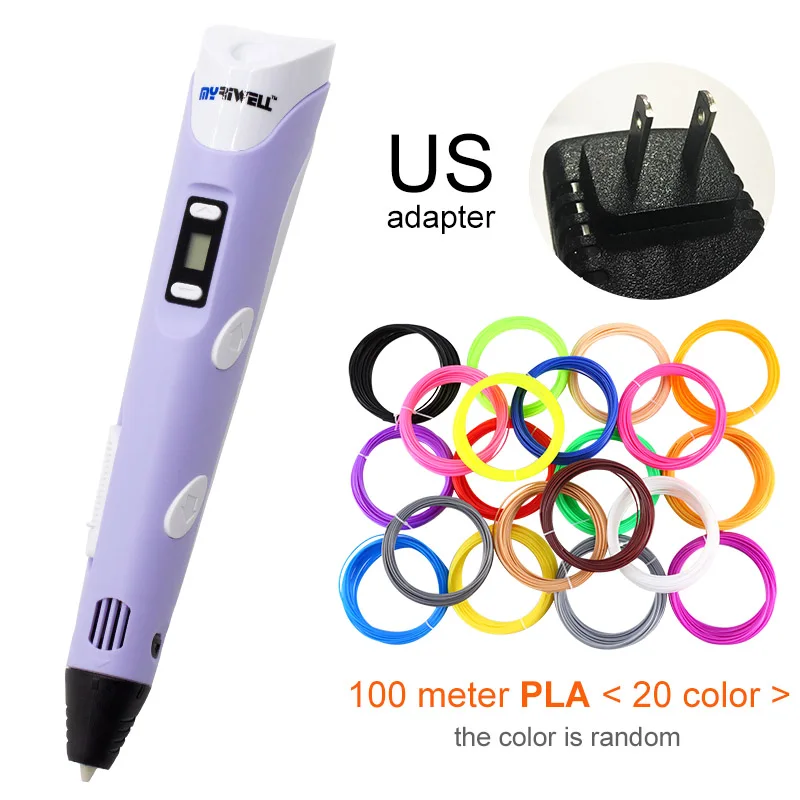Purple US-100m PLA Myriwell 3D Ручка светодиодный экран DIY 3D печатная ручка 100 м ABS нить креативная игрушка подарок для детей дизайн рисунок - Цвет: Purple US-100m PLA
