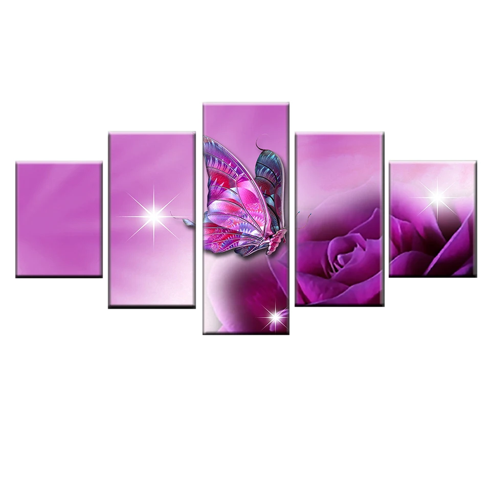 

HD Print 5 Pieces Butterfly and Purple Flower Sunlight Landscape Modular Canvas Picture Poster Wall Art Deco Frame