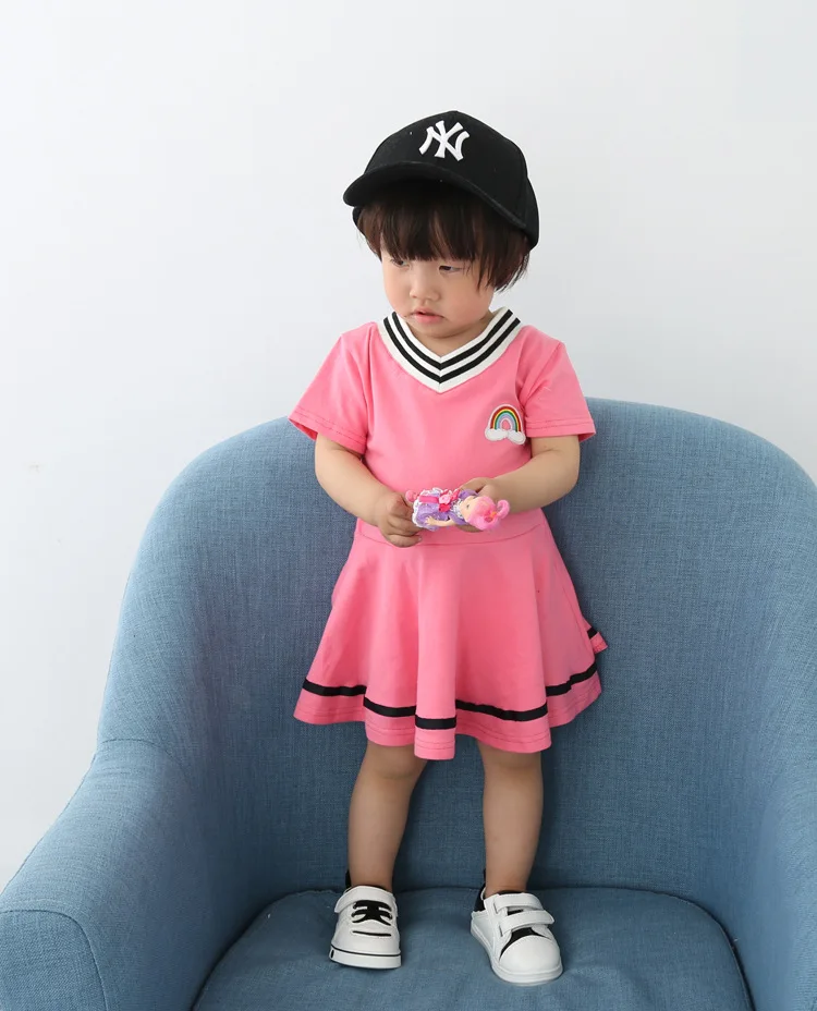 2018 summer new girls college wind ruffled cotton V-neck dress embroidered short sleeves | Детская одежда и обувь