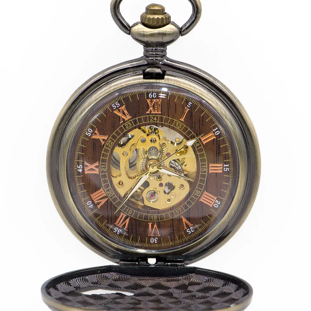 New Vintage&Antiuqe Eagle Shape Automatic Mechanical Pocket Watches Wooden Dial with Unisex Fob Chain Watch Best Gift PJX1347