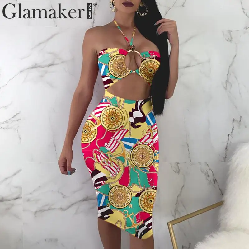 Glamaker, винтажное сексуальное платье с принтом, Клубное, Холтер, эластичное, Пляжное, летнее платье, Ретро стиль, с вырезами, короткое, вечернее платье, vestidos de fiesta