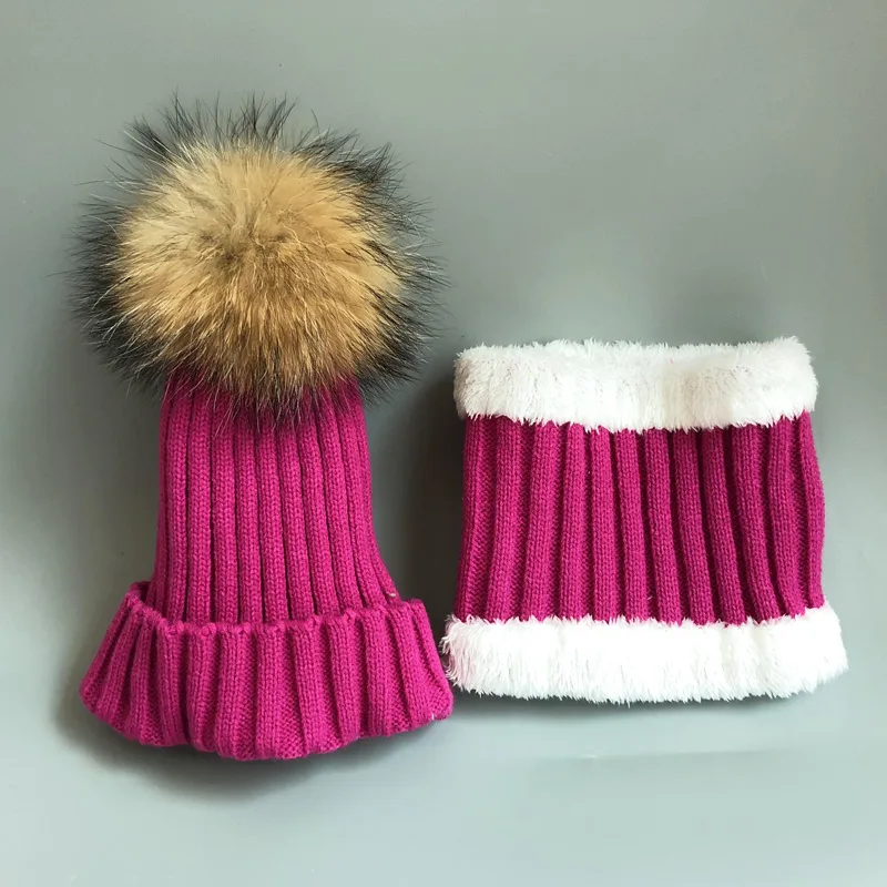 Kids Boys Girls hats Warm Fleece Liner Beanie Hats set With Scarf Fur Winter Hat For Children Baby Skullies Beanies