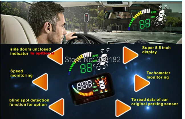 

5,5 дюймовый автомобильный проекционный дисплей, система бортовой диагностики автомобиля, система парковки автомобиля с 8 датчиками, обнаружение слепой зоны, 2 Датчик слепой точки 2, передний, 4, задний датчик