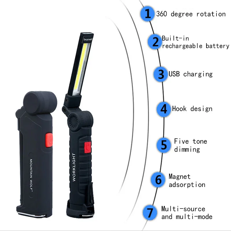 LED Flashlight Portable COB Handheld Movable USB Charging Work Light Multi-functional Folding Emergency Lights Inspection Lamp | Автомобили