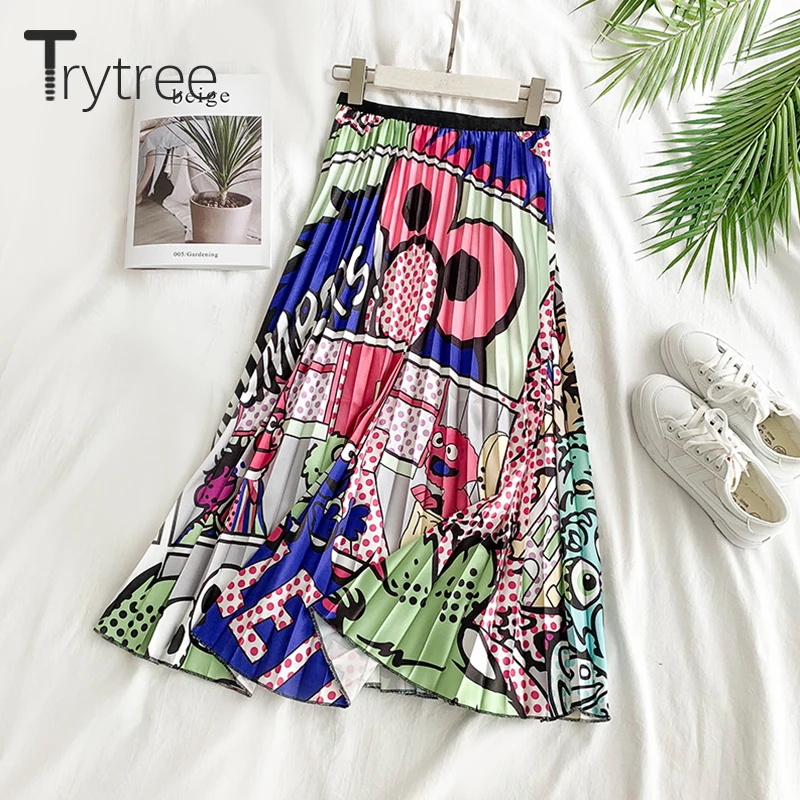 Trytree/Женская гофрирующая юбка на лето и осень с рисунком до середины икры