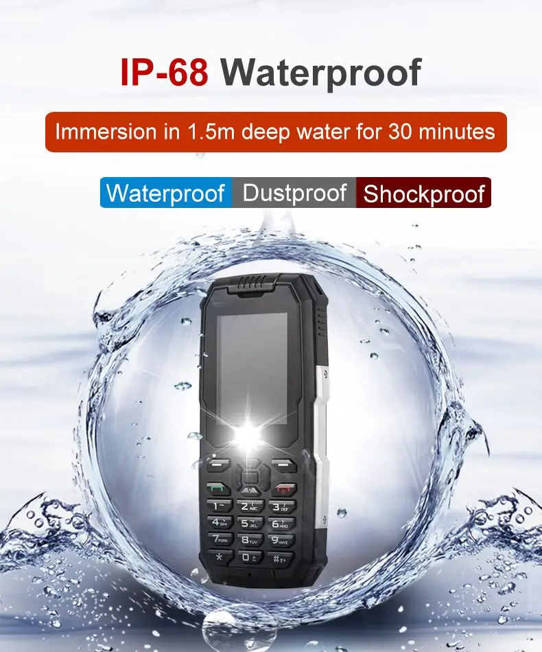 Смартфон Snopow M2 IP68 водонепроницаемый, ударопрочный для использования на открытом воздухе с радиоприемником FM 2,4 дюйма, фонариком, русской клавиатурой и емкостью аккумулятора 2500 мАч.