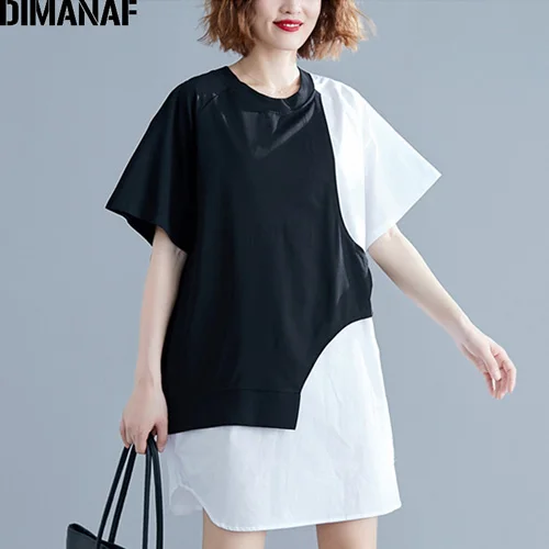 Yu99369CN DIMANAF, женские футболки размера плюс, летние, большие размеры, женские топы, футболки, хлопковые, черные, соединенные, свободные, повседневные, туники, рубашки, женская одежда - Цвет: Yu99369CN