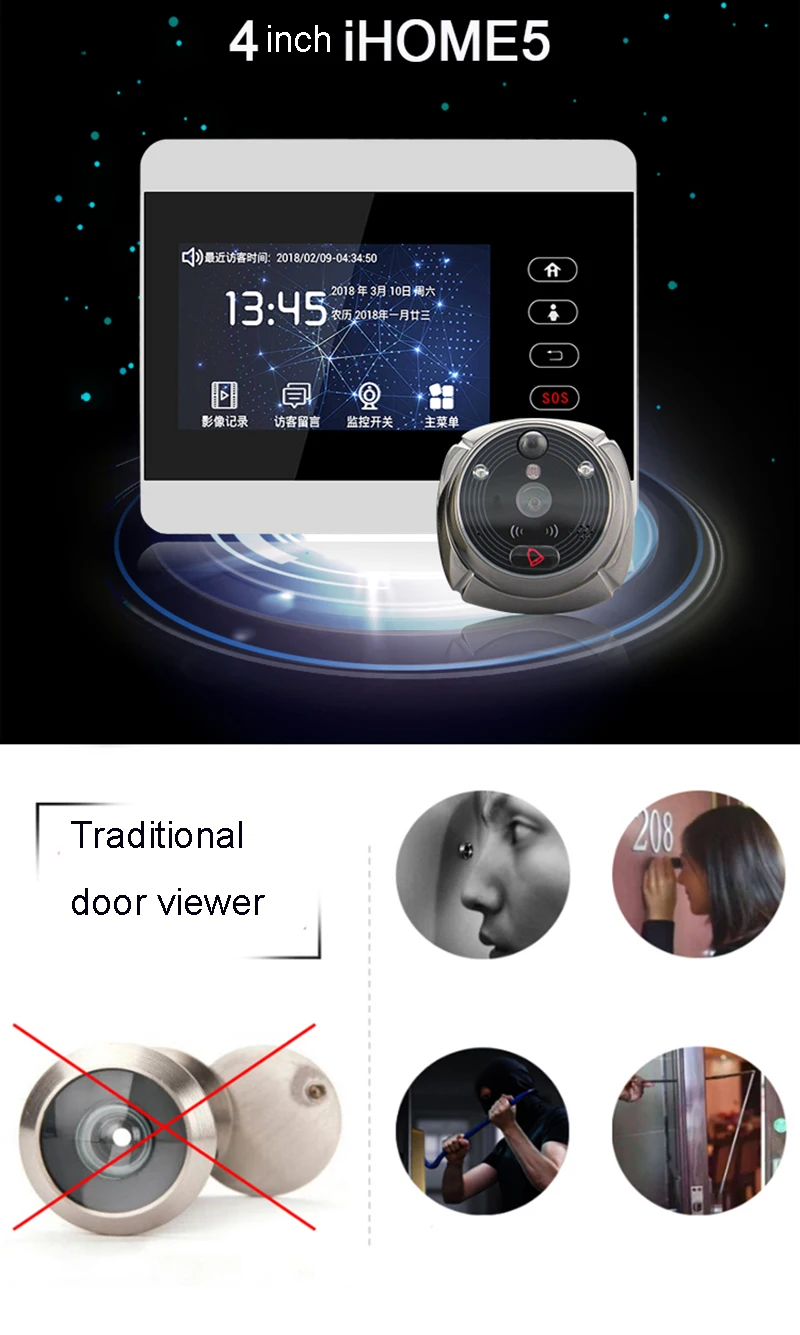 IHome5 WiFi дверной глазок и видео IP дверной звонок 4 дюймов экран ИК ПИР Дверь HD камера Обнаружение дверь движения звонок