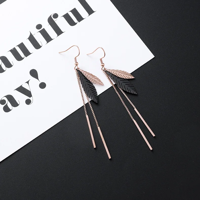 New Listing Geometric Titanium Steel long Tassel Girl Earrings gold Stainless Steel Triangle leaf Girl Black Jewelry Earrings 1