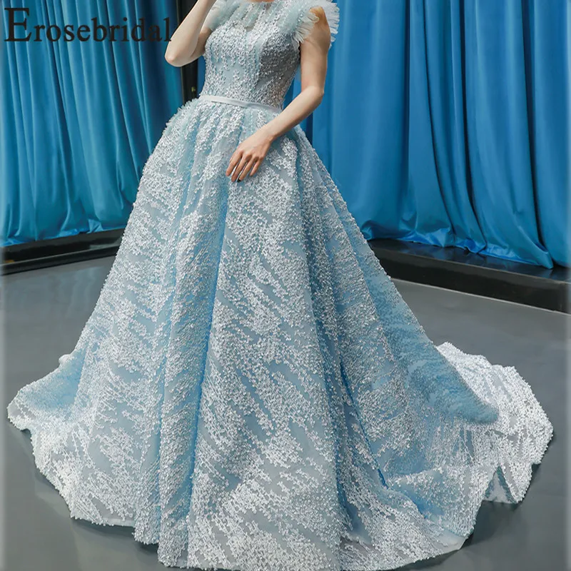 Женское длинное свадебное платье Erosebridal синее кружевное на шнуровке с цветами