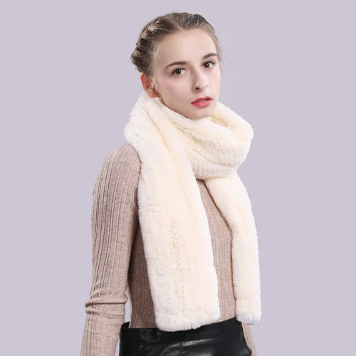 beige Длинный стильный настоящий шарф из меха кролика рекс Женский Зимний вязаный Настоящий мех кролика шарфы для женщин мех кролика Рекс Кольцо Шаль - Цвет: beige