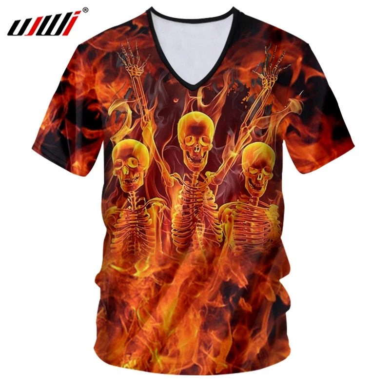 

UJWI Summer Loose Sports Man V Neck Tshirt 3D Printed Hip Hop Men's Oversized Tee Shirt Funny Dance Flame Skulls T-shirt