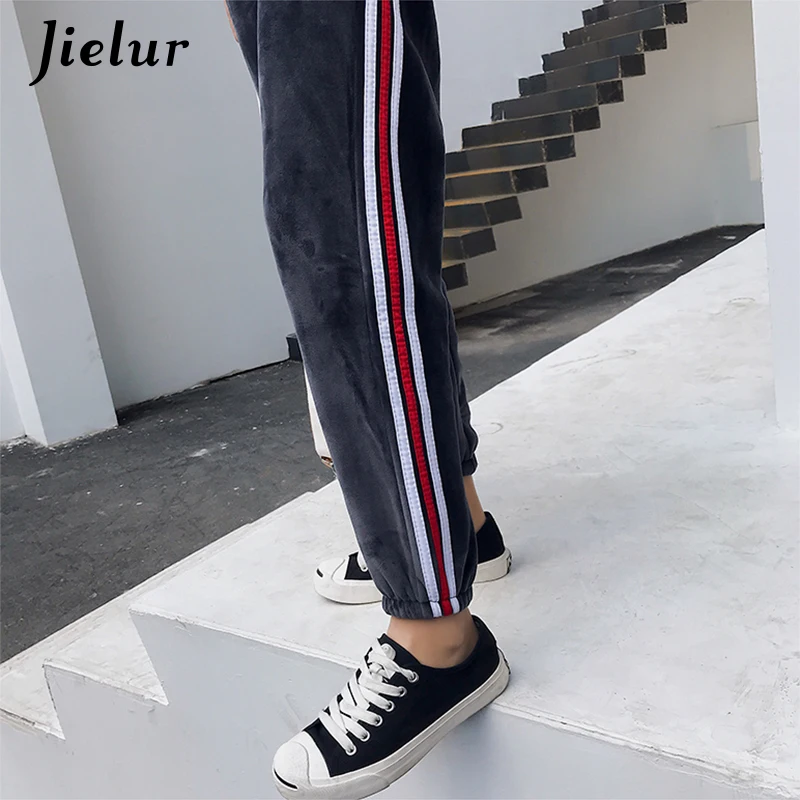 

Jielur Chicly Pleuche Thicken Winter Side Stripe Trousers For Women Girls Korean Casual Pants Comfortable Warm Mujer Pant M-XXL