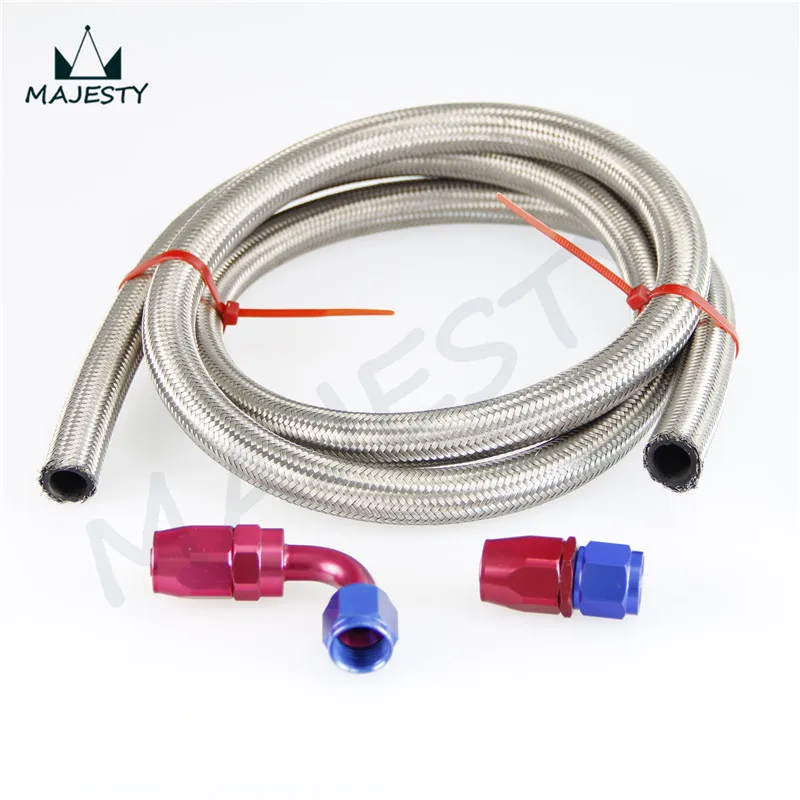 

AN12 12-AN STAINLESS STEEL BRAIDED OIL/FUEL LINE HOSE SILVER + RED & BLUE 90 Degree SWIVEL FITTING +STRAIGHT